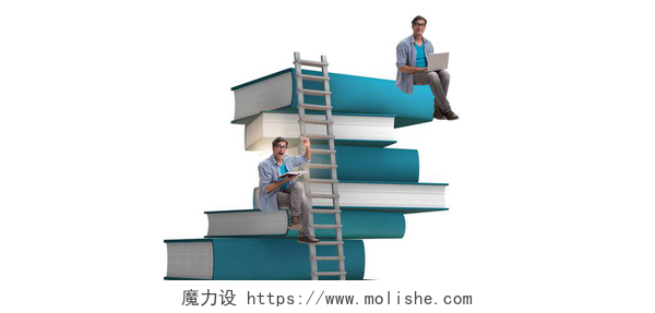 白色背景上人坐在书本上有书和人的教育概念